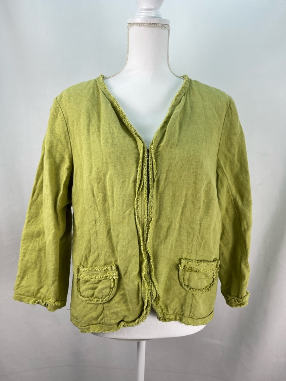 Nic + Zoe Frayed Edge Linen Cotton Blend Jacket Citron XL EUC